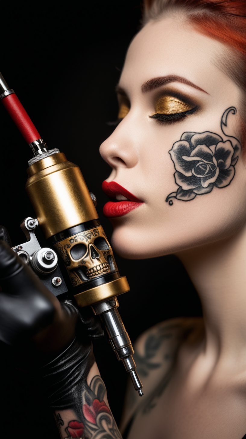 /imagine prompt : An ultra-realistic photograph captured with a canon 5d mark III camera, equipped with an macro lens at F 5.8 aperture setting, The camera is directly in front of the subject, capturing a vintage classic tattoo machine ,a pattern of the skull is engraved on it's golden tattoo grip , grabbed by a hand wearing black nitrile gloves . A beautiful woman whose only lips are visible in the picture is sensually kissing the handle of the tattoo machine with her lips painted with red lipstick.
the hand is blurred and the focus sets on tattoo machine .
Soft spot light gracefully illuminates the subject and golden grip is shining. The background is absolutely black , highlighting the subject.
The image, shot in high resolution and a 16:9 aspect ratio, captures the subject’s  with stunning realism –ar 9:16 –v 5.2 –style raw
