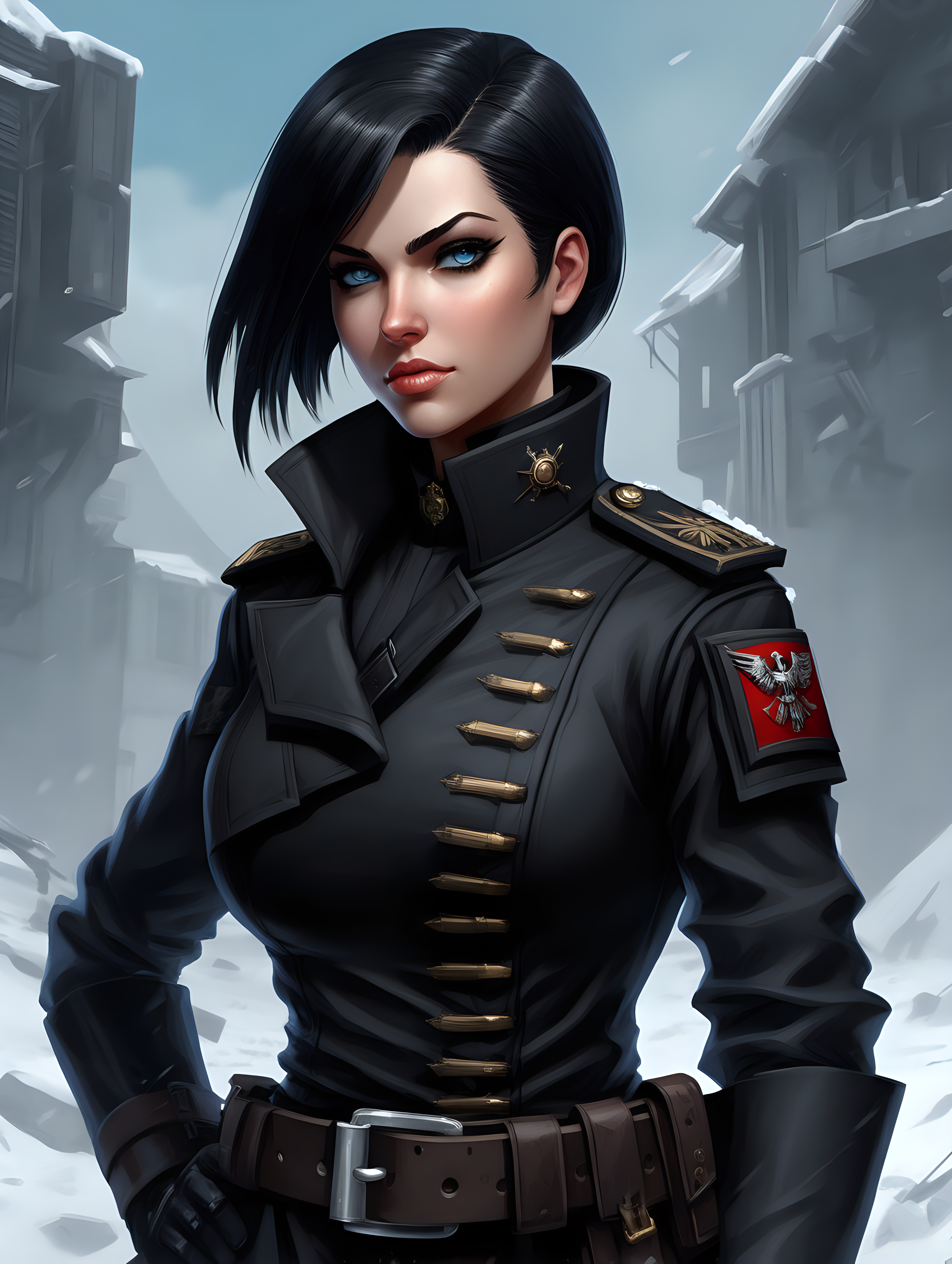 Warhammer 40K young Commissar woman. She has an hourglass shape. She has raven black hair. She has a very short hair style similar to what Maya, from Borderlands 2, has. Dark black uniform. Dark brown belt has a lot of pouches, grenades, and a black holster attached. Dark brown bandolier around waist. Her dark black uniform jacket fits perfectly and is closed up. She has a lot of eye shadow. Background scene is snowy trench line. She has icy blue eyes. 