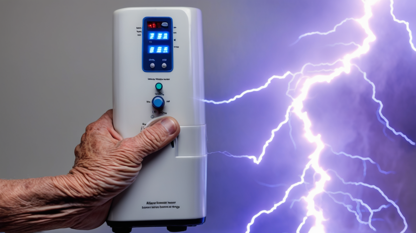 image of an older hand holding a air ionizer with lightning outside on the left and right sides.  close up
