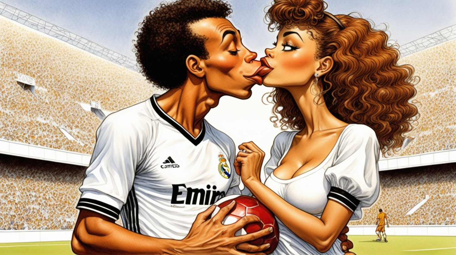 Mujer mulata estilo milo manara besando a pato donald vestido de futbolista del real madrid