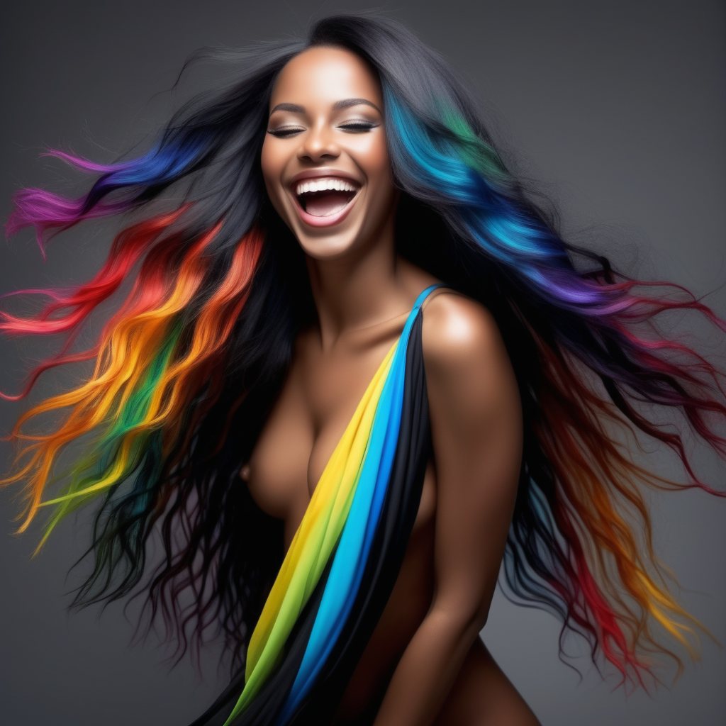 A dark skin black woman in colorful flowing clothes dancing with long beautiful cascading hair, full lips in a sexy smile