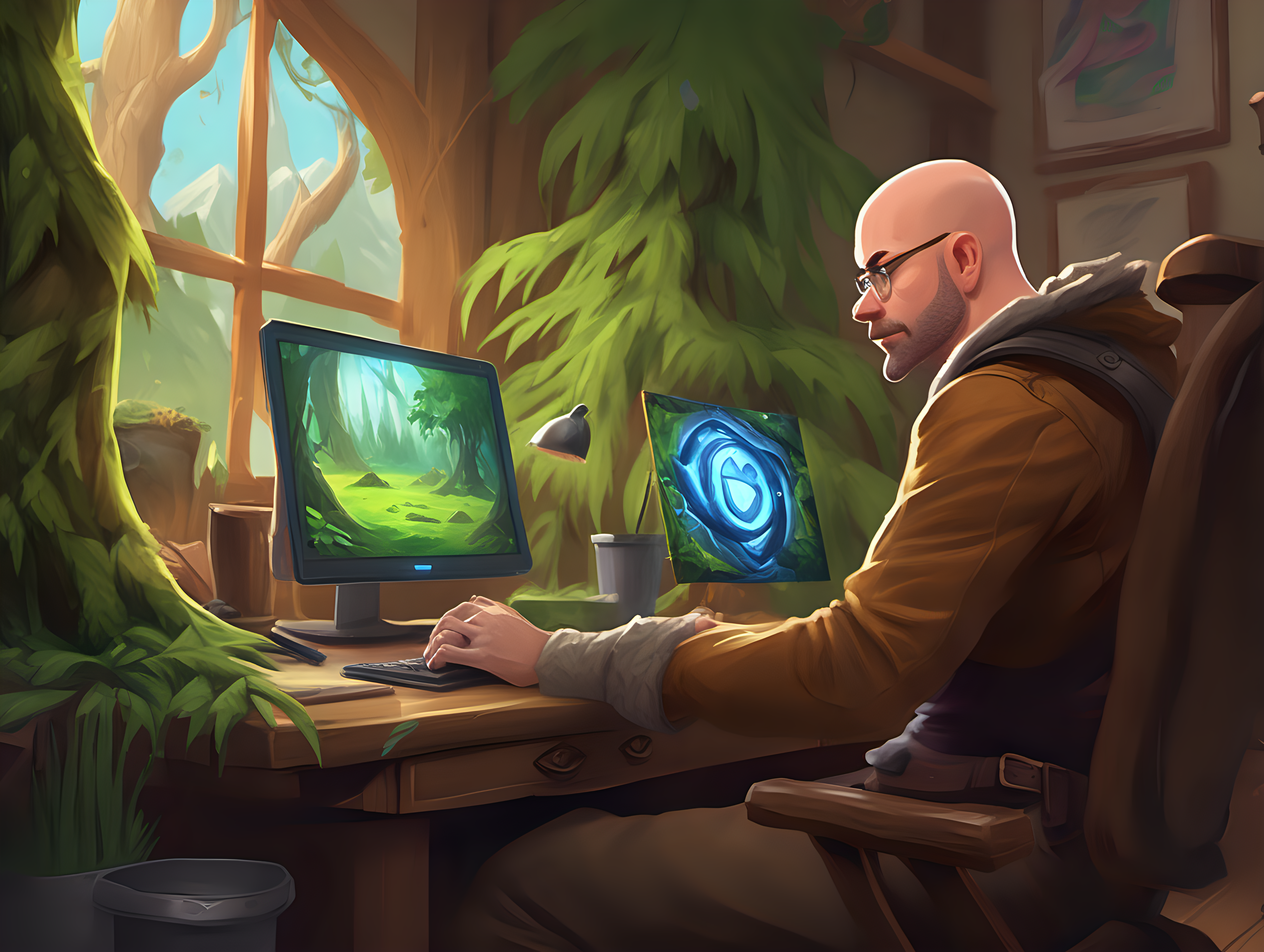 Digital art in the style of hearthstone card art. The subject is a male character on his 30s bald fade doing digital art on a wacom and monitor. The scene takes place in a office with natural elements such as things made of out of trees or grass.--v 5.3