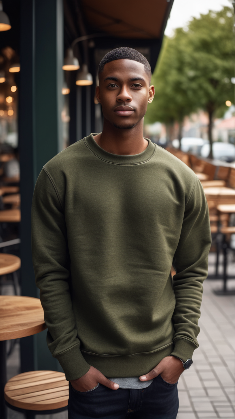 Attractive young Black, man, slim build, auburn, low haircut, wearing an Army Green , crew neck sweatshirt, wearing dark denim, standing in a outdoor cafe, 4k, outdoor light source, High Definition clear resolution