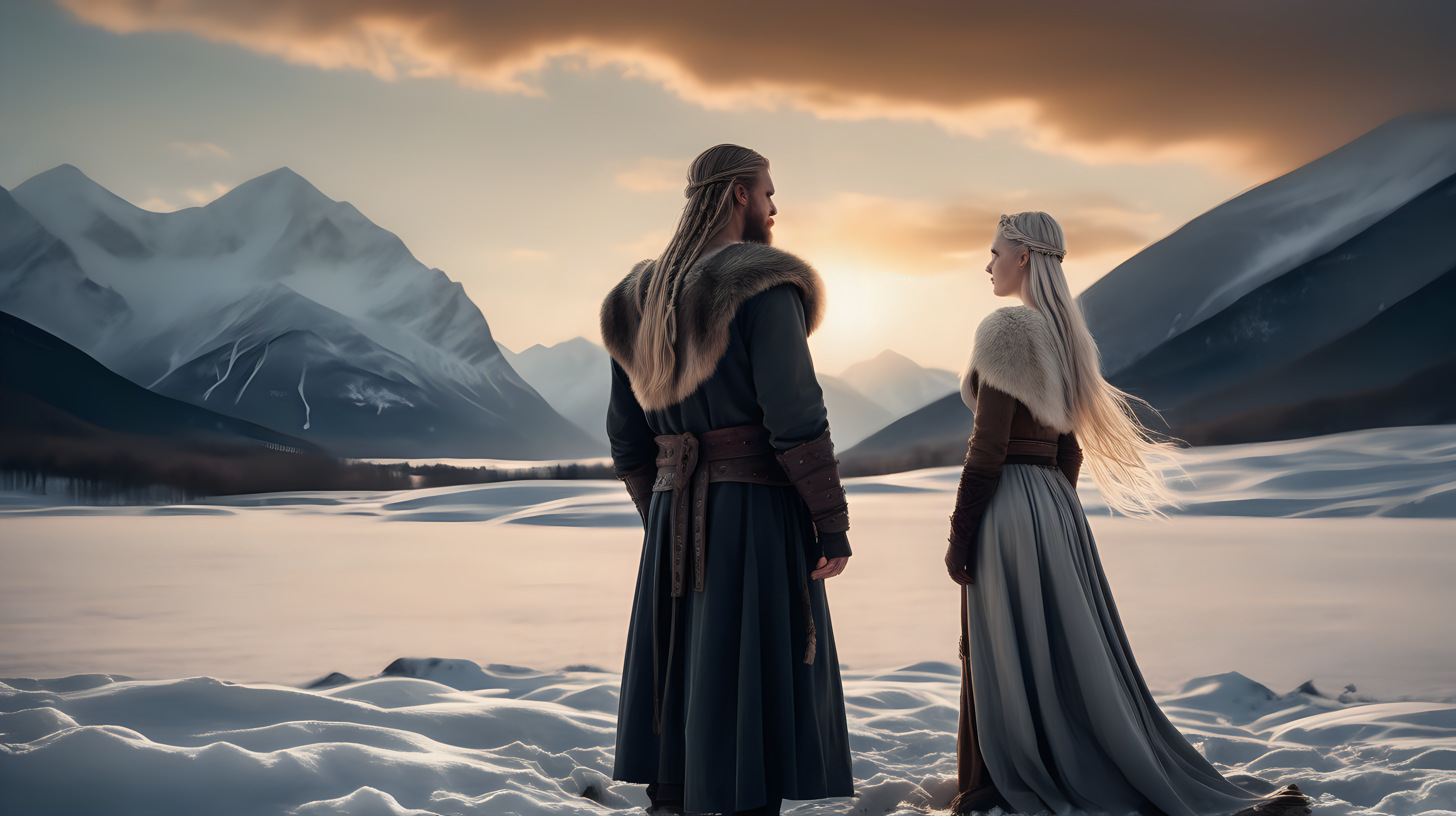 the photo is taken in snowy landscape with mountains in the distance sunset. one beauty woman is standing, a man is on her side. both are watching to the mountains. The photo was take from behind them. The woman is wearing viking indumentary, without weapons, white straight hair. The man wear viking indumentary too. The lighting in the portrait should be dramatic. Sharp focus. A ultrarealistic perfect example of cinematic shot. Use muted colors to add to the scene. Only one woman and one man
