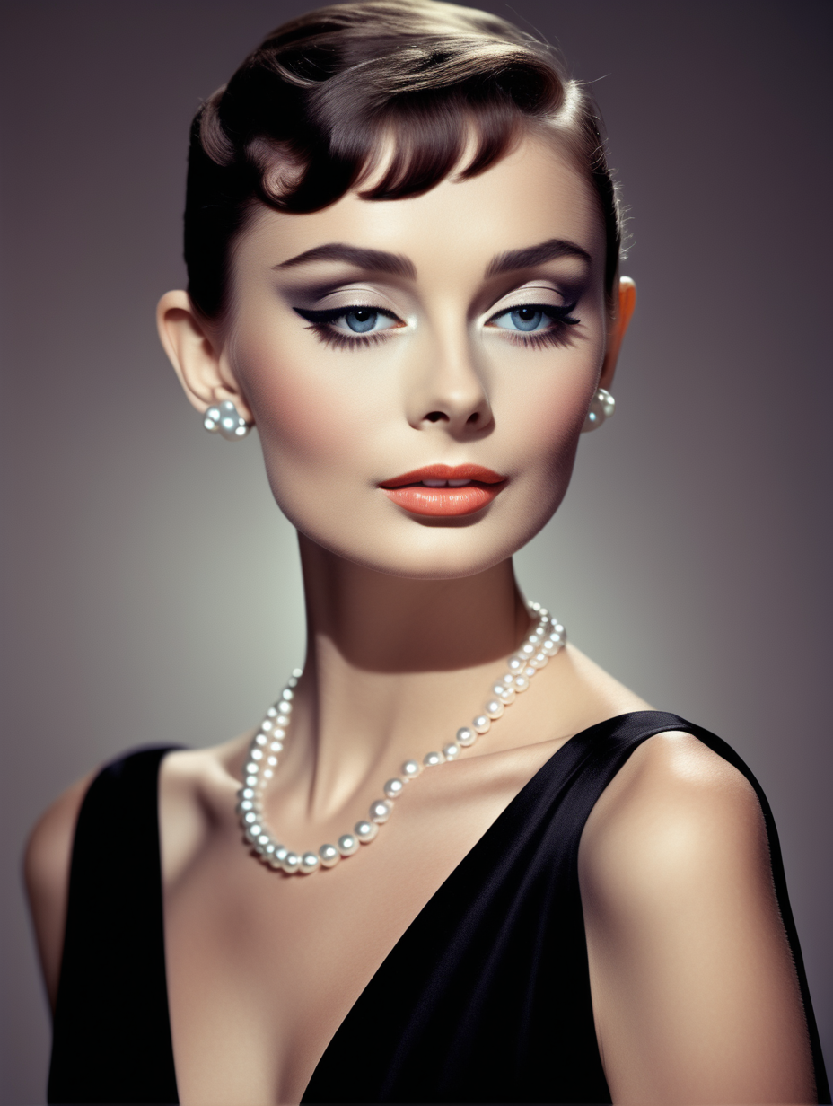 a close up of a nude woman with a black dress and a pearl necklace, perfect colorful eye shadows, inspired by Audrey Hepburn, perfect body face and hands, profile picture, images on the sales website, beautiful android woman, muted colour