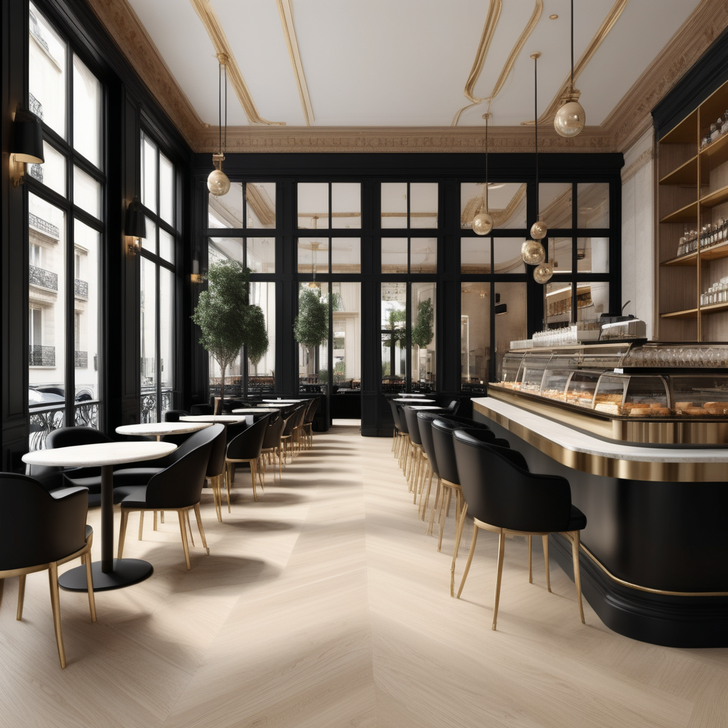 A hyperrealistic image a grand Modern Parisian cafe  in a beige oak brass and black colour palette with floor to ceiling windows and