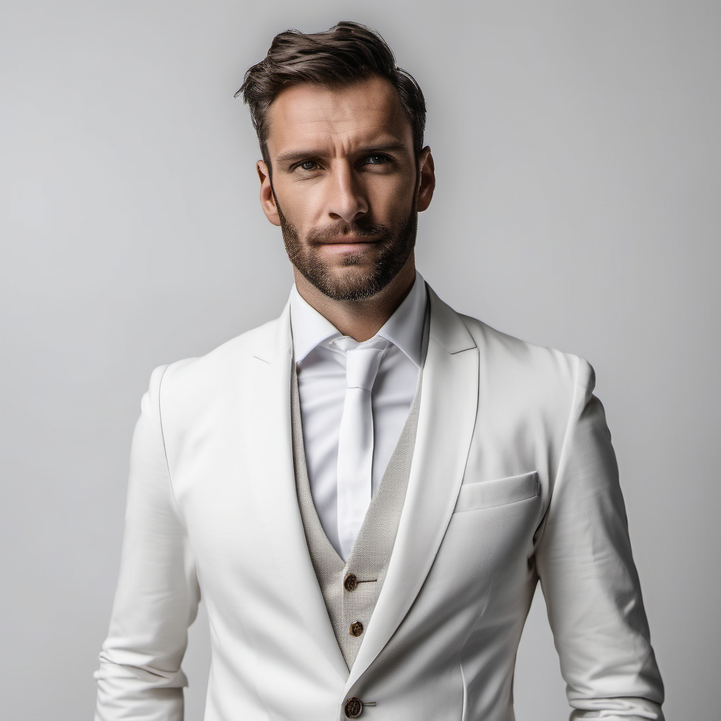 a real man wearing a classic suit with white background