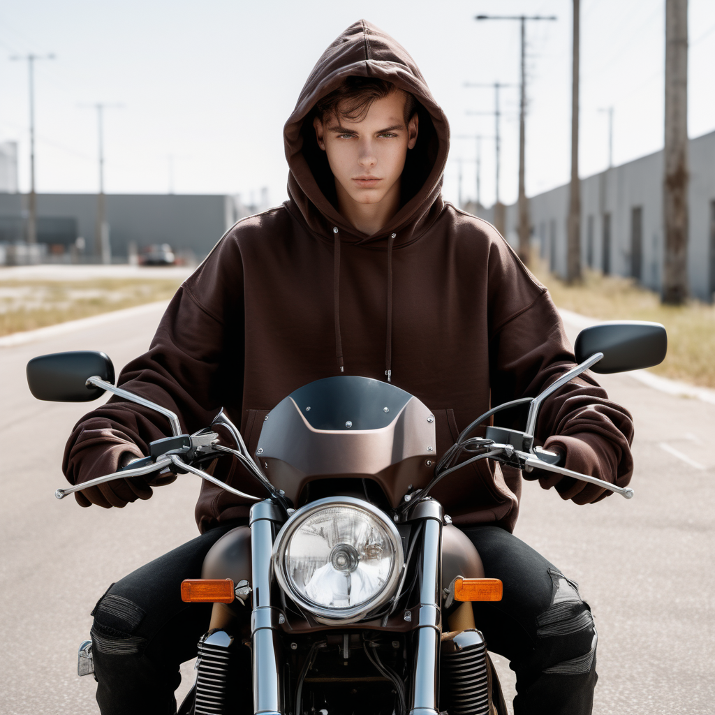 person sitting on motorycle bike showing front with oversized dark brown hoodie that is blank