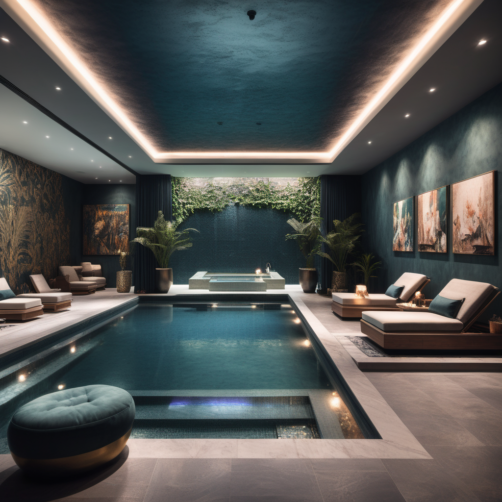 luxury swimming pool indoor with seating area spa vibes with wall art moody