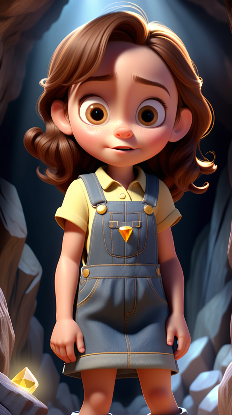 imagine 4 year old small girl with brown hair, fair skin, light brown eyes, wearing a denim dress overall, use Pixar style animation, make it full body size, standing inside a cave holding a Yellow crystal