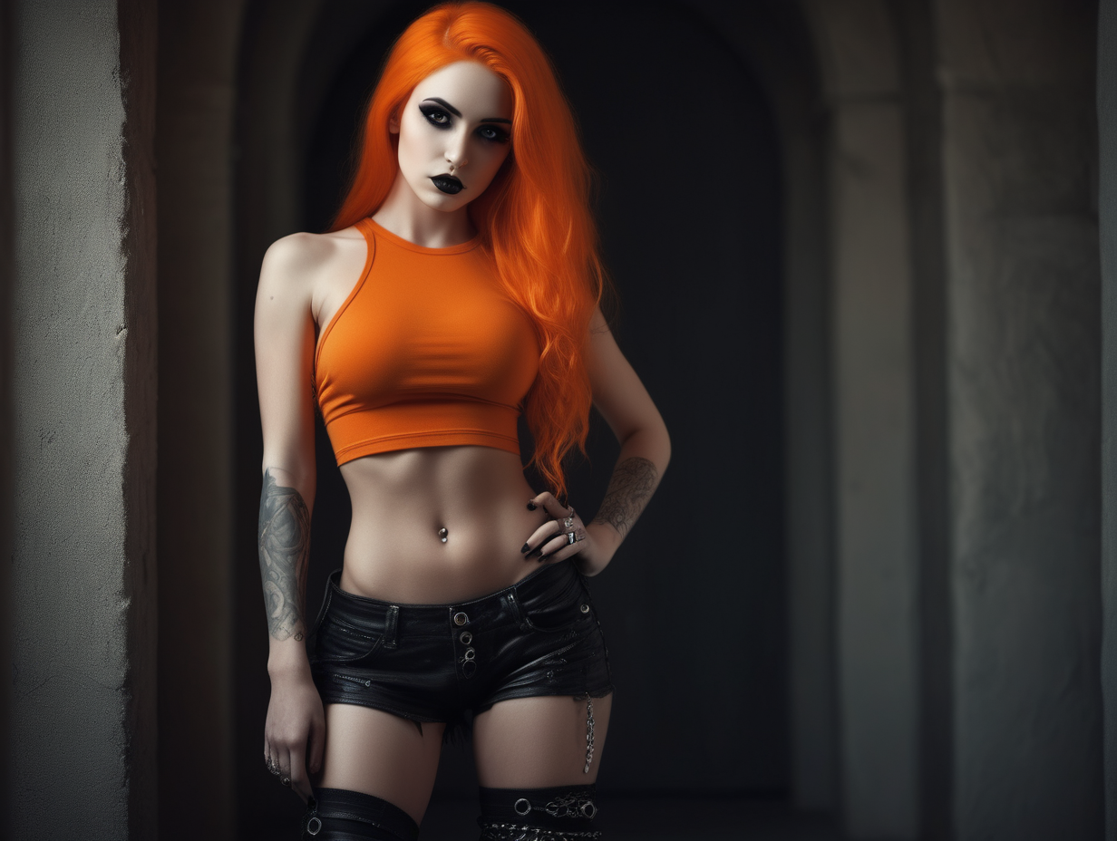 beautiful charismatic girl, showing piercing, athletic body, a woman an orange top, gorgeous figure, interesting shapes, full body shot, goth style, dark eye, in the style of jessica drossin, life-size figures, --ar 51:91 --s 1000