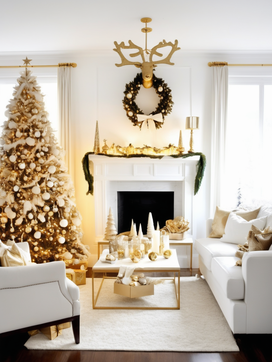 christmas coasy living room white and golden