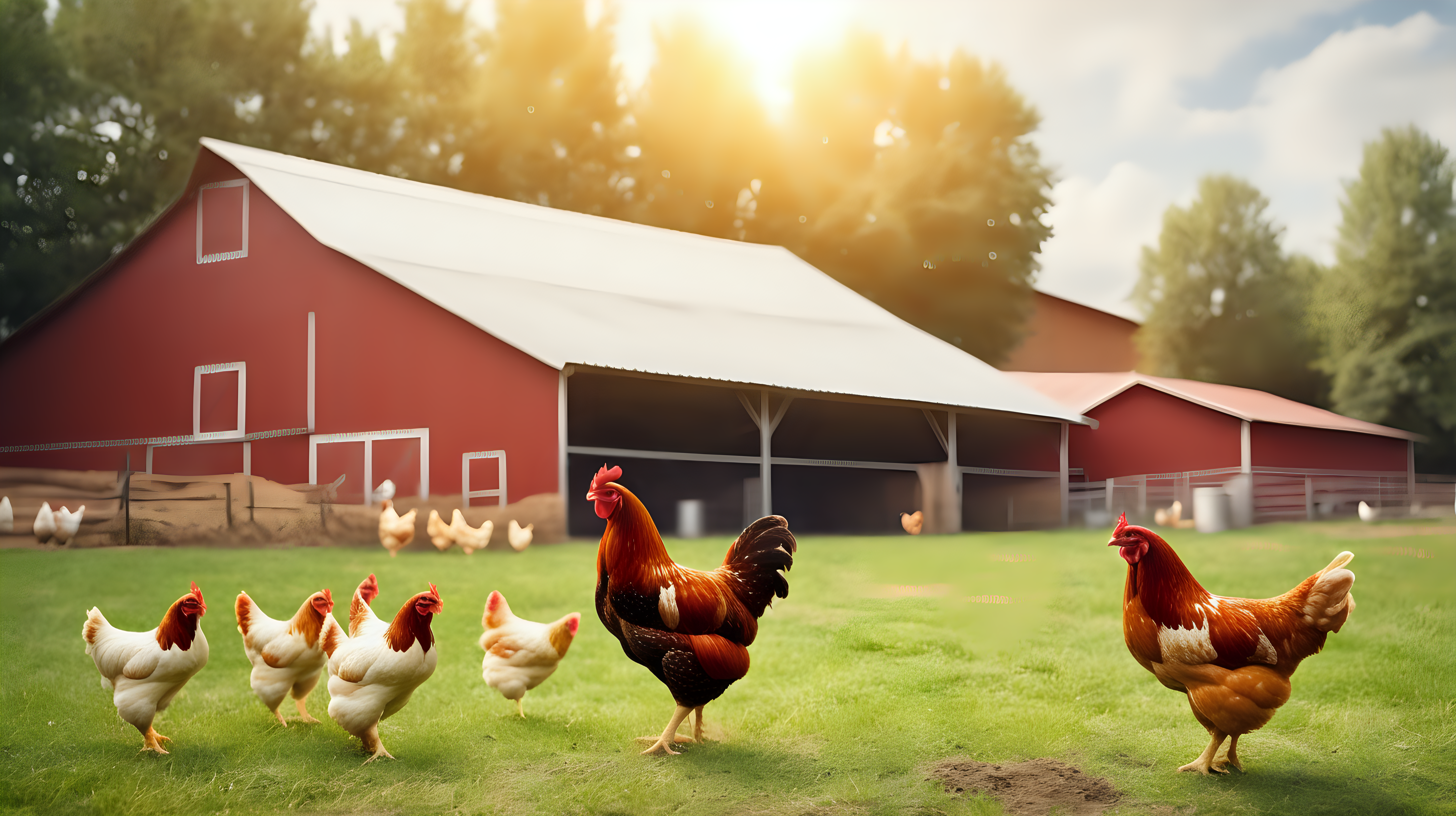 chicken farm barn outside with hen, isolated on background