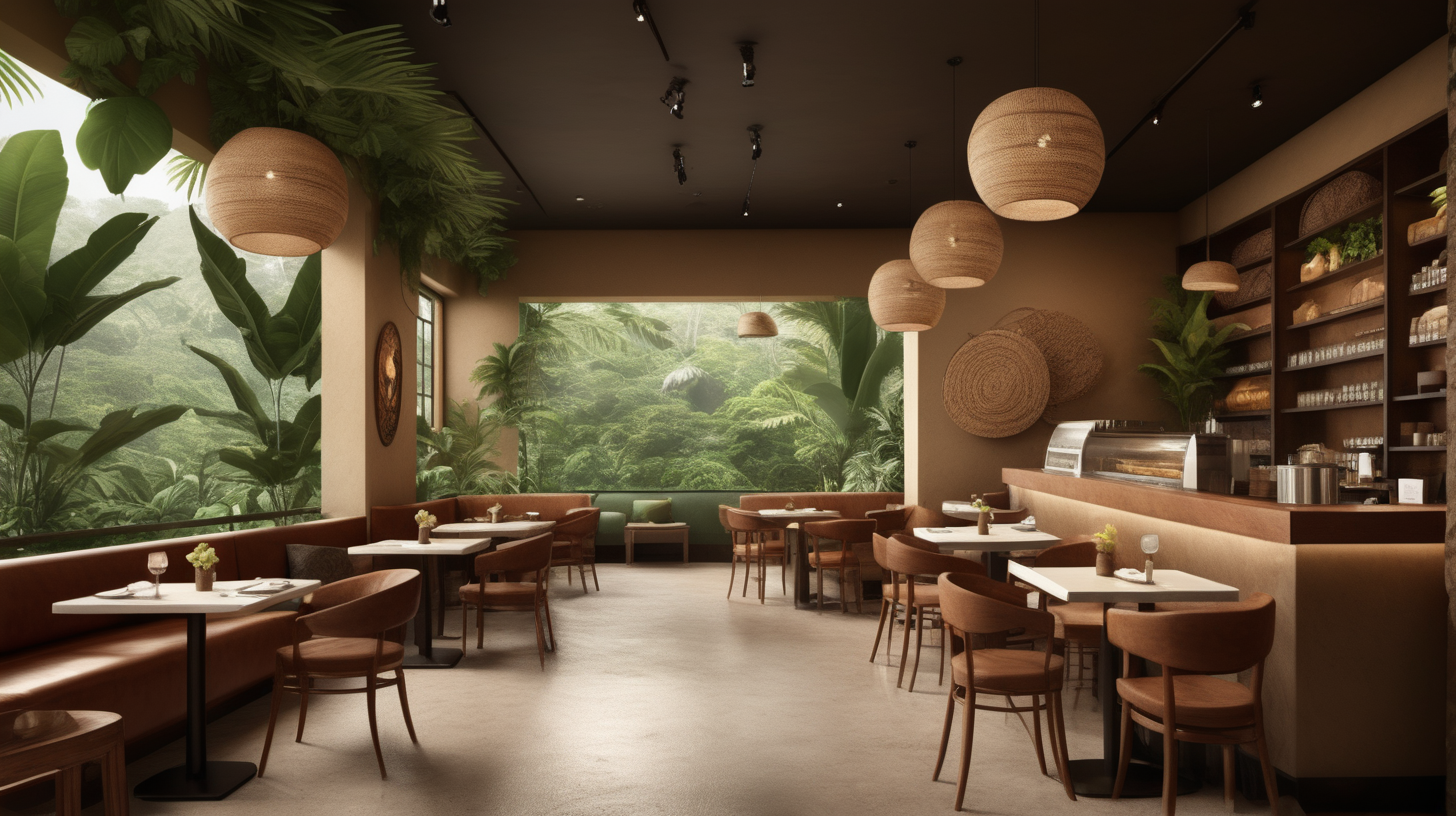 Create a visual representation that encapsulates the essence of a café deeply rooted in Costa Rica's rich cultural heritage and lush natural surroundings. The design should embody a minimalistic aesthetic, emphasizing clean lines, muted earth tones, and organic textures to evoke warmth and comfort. Incorporate elements such as tropical foliage, artisanal crafts, and subtle nods to Costa Rican traditions to enhance authenticity. The overall ambiance should convey a serene yet inviting atmosphere, inviting patrons to relax and immerse themselves in a tranquil setting that harmoniously blends cultural elegance with natural beauty.