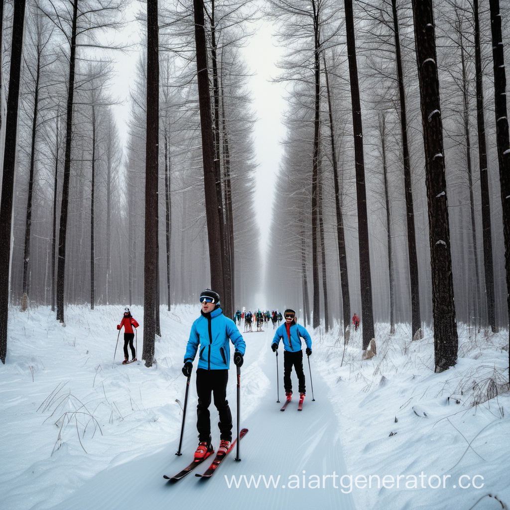  Спортсмены на лыжах в зимнем лесу