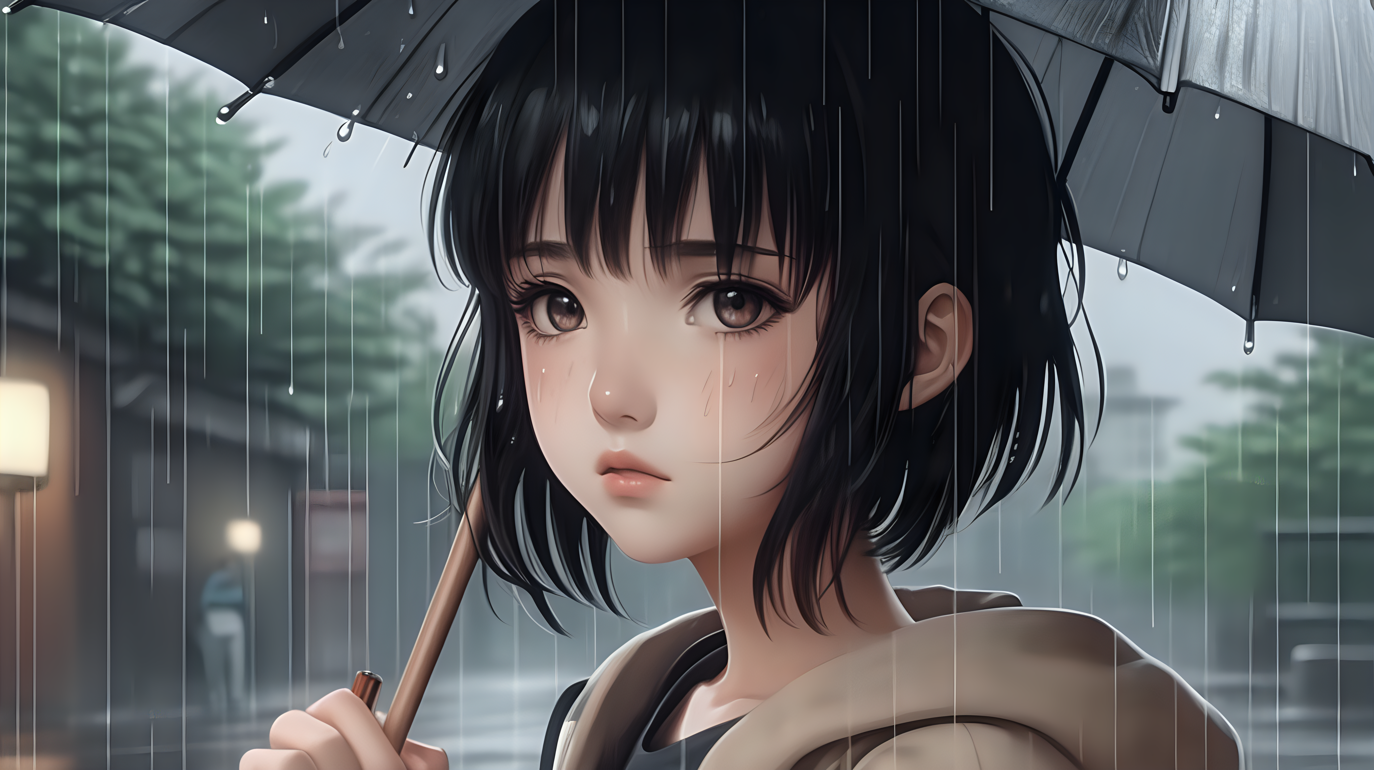 anime girl in the rain, muted pastel colors that look good on craft paper, black hair, holding an umbrella, hd, 4k, realistic,