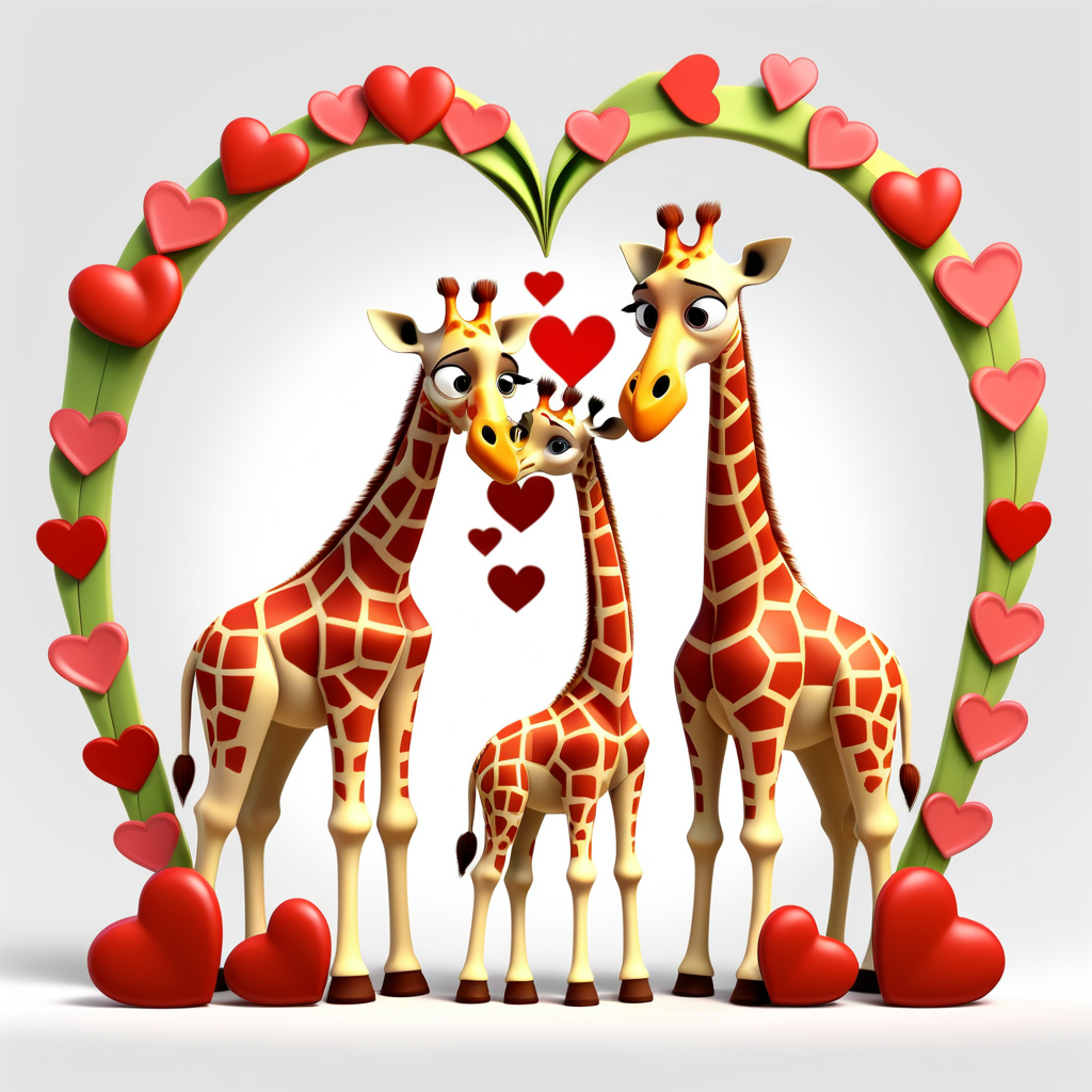 /envision prompt: "Sweet Pixar 3D Giraffe Family Valentine" clipart showcasing giraffes exchanging heart-shaped leaves in a heartwarming family moment against a clean white background. The scene captures the charm of safari animals celebrating love. --v 5 --stylize 1000