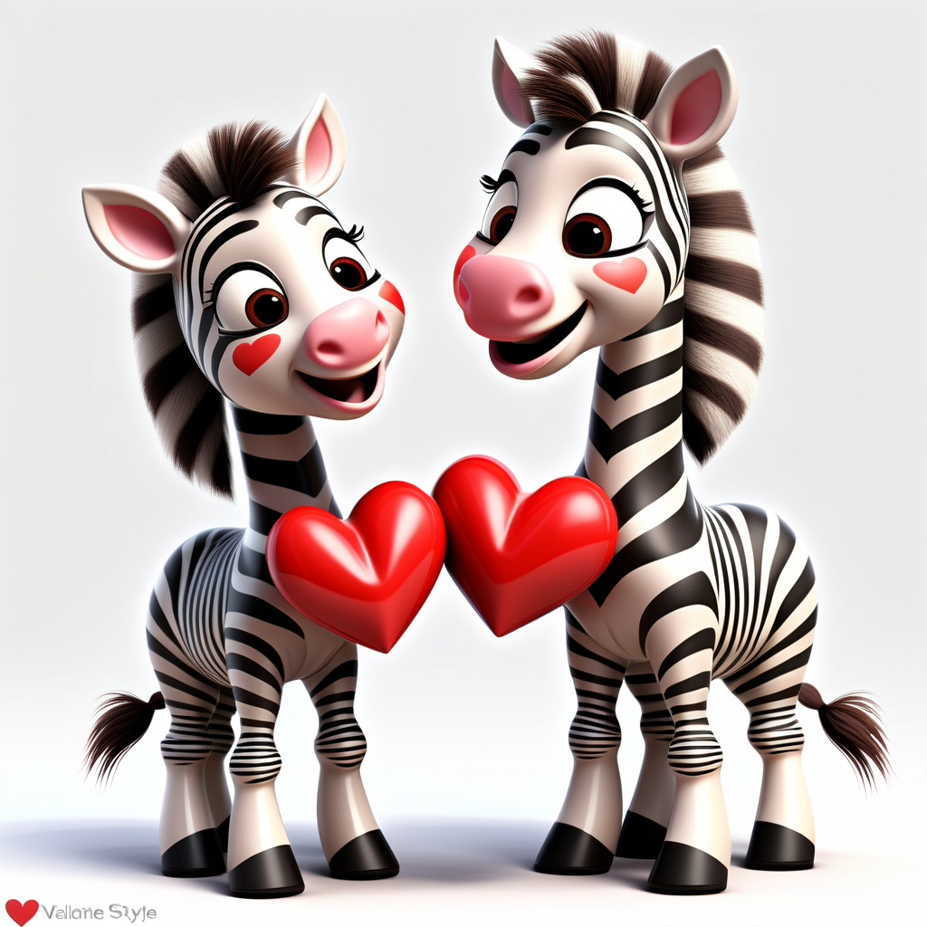 /envision prompt: "Cheerful Pixar 3D Zebra Foals in Love" clipart showcasing zebra foals wearing heart-patterned scarves, nuzzling affectionately against a clean white background. The Pixar 3D style accentuates the charm of the Valentine's theme. --v 5 --stylize 1000