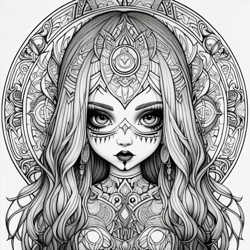 adult coloring page, black & white, strong lines, high details, symmetrical mandala, evil gothic girl doll full body