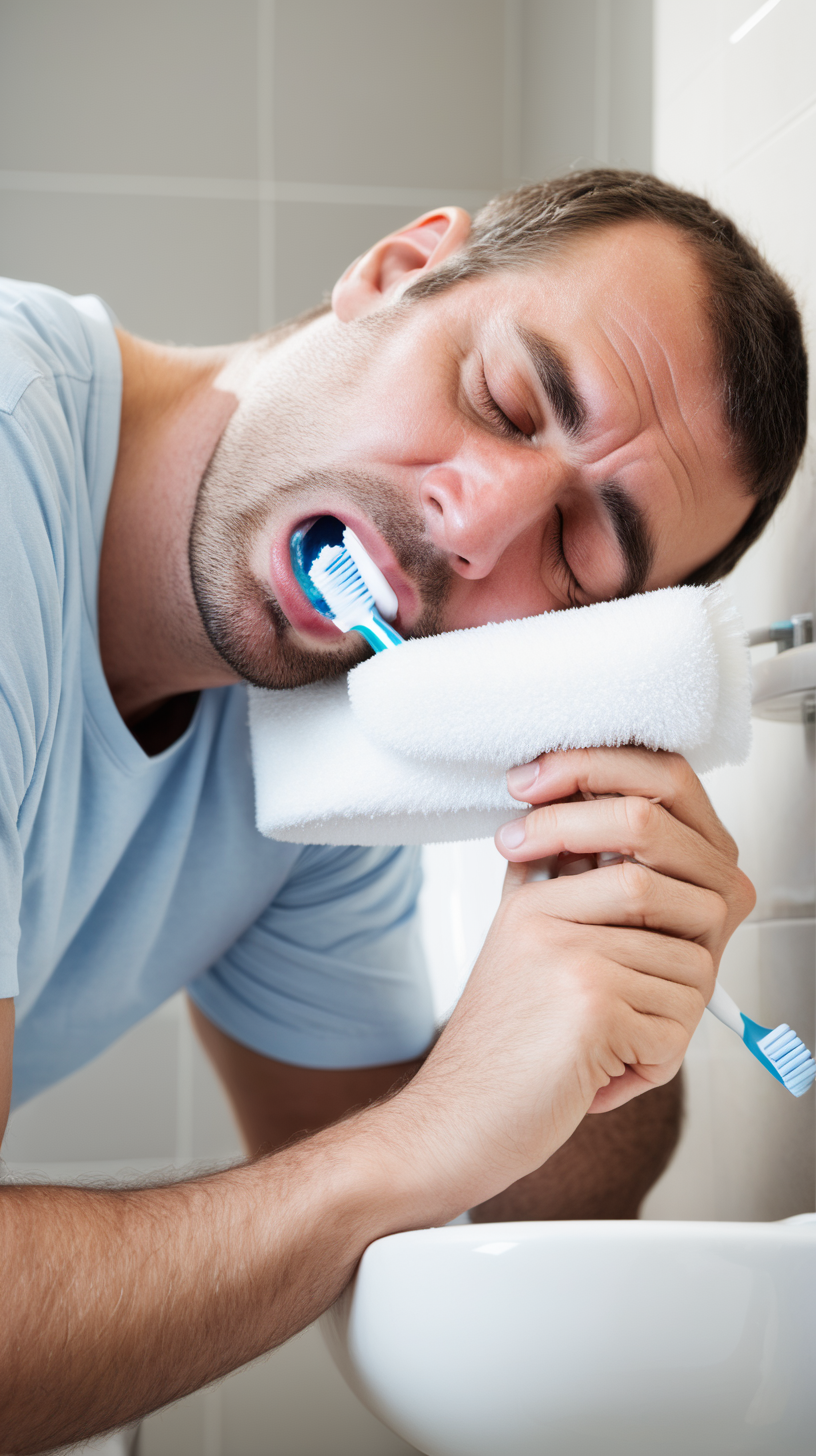 Man asleep whilst brushing his teeth
