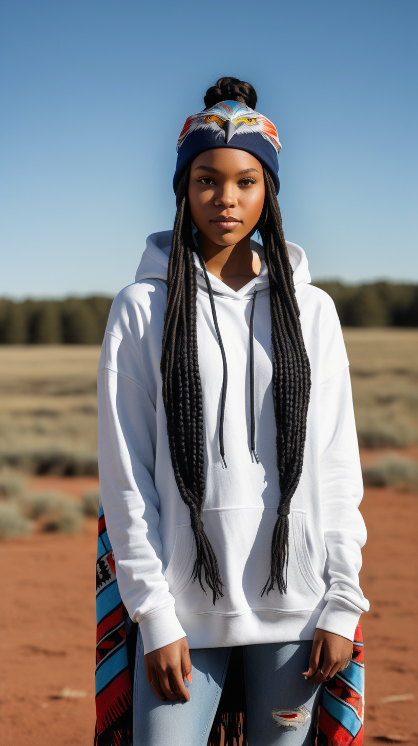 Beautiful young black woman, wearing a widebrim buffaloe hat, wearing a navy blue bandana, with long, black braids on the sides of her head, wearing a white hoody, with an Indian Eagle printed on the front, wearing light blue denim jeans, with a colorful navaho print blanket, across her shoulders, in bright sunshine,  with tee pees in the back ground, in ultra 4k, high definition, full resolution