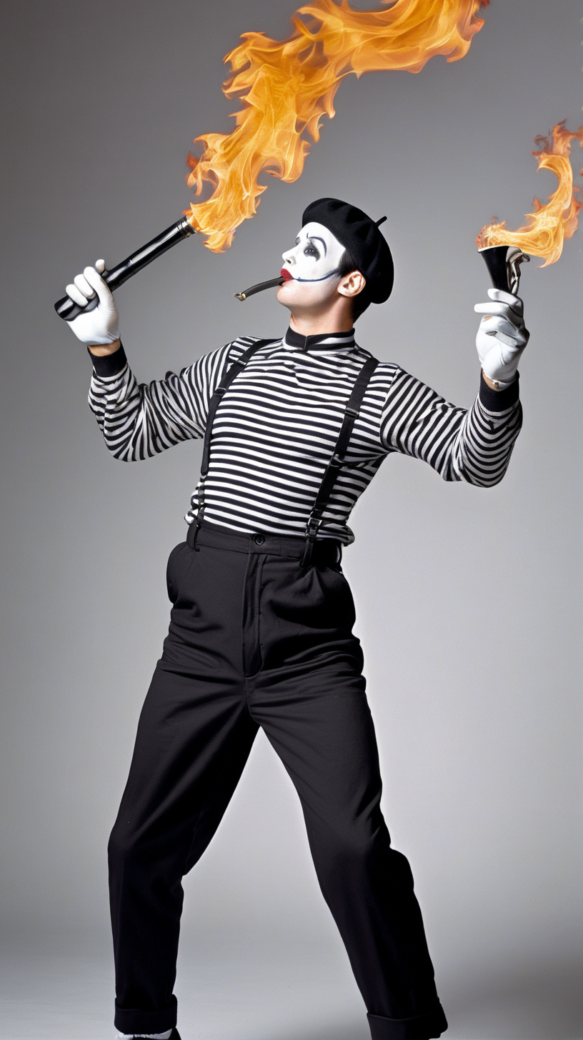 A Mime artist wearing a black beret, wearing a black and white stiped shirt, wearing  black pants, using a flame thrower, view from the waist up