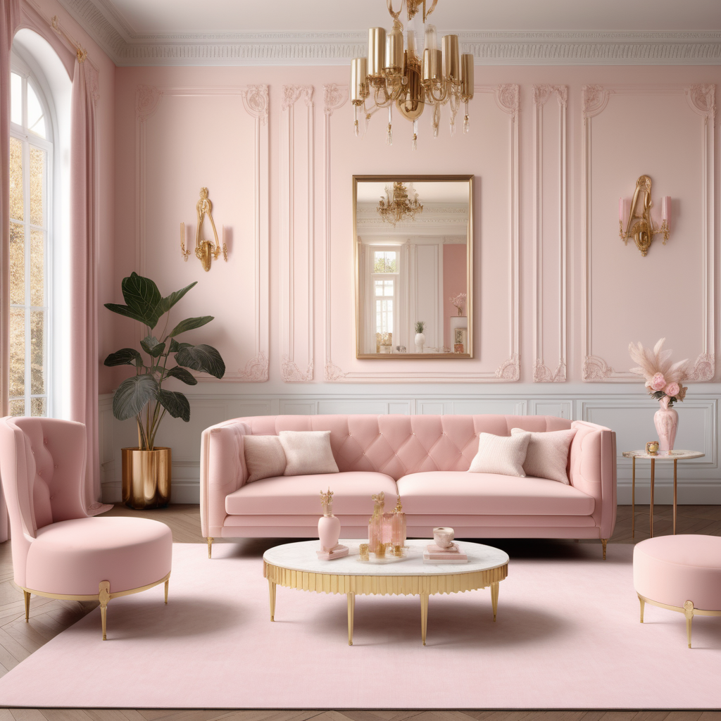 hyperrealistic image of modern Parisian Barbiecore Living Room in soft ballerina pink, brass and ivory