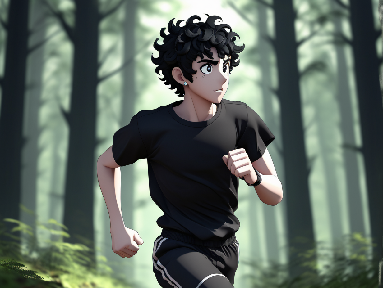 3d, anime, male, running in the forest, side view, short black curly hair, black gauge earrings, thick black eyebrows, black eyes, emo, forest low light