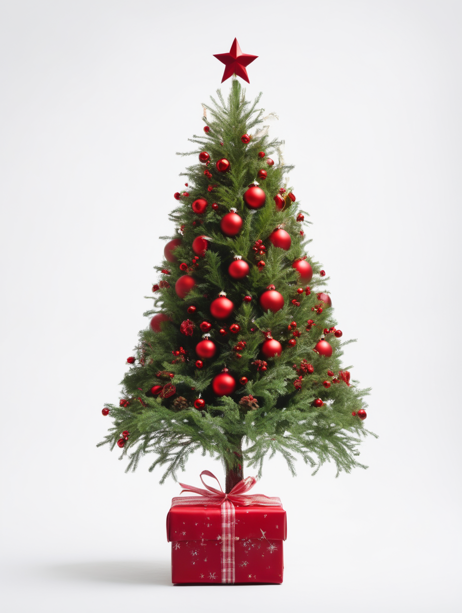 small decorated christmas tree on white. With green, red balls and garlands