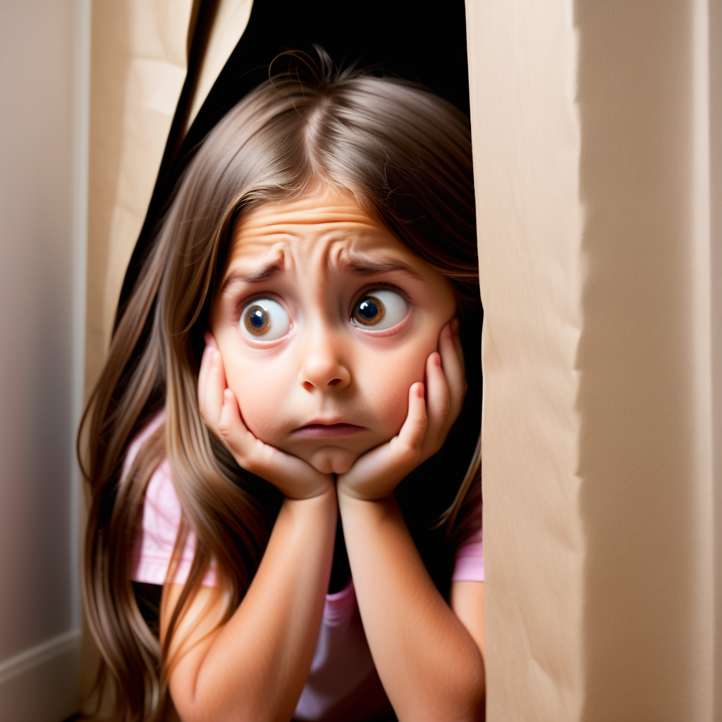 7 year old girl with long brown hair playing hide and seek, looking worried
