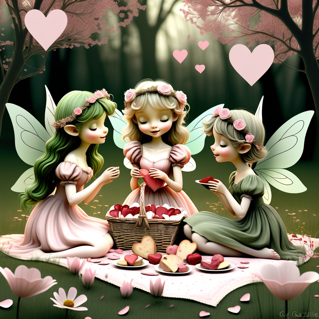 Whimsical Fairy Valentine's Picnic" captured in a charming digital illustration inspired by the grace of Arthur Rackham. Fairies, adorned in romantic attire, gather in a sunlit meadow amidst heart-shaped petals, exchanging valentine wishes. The color palette features soft pinks and greens, evoking a dreamy atmosphere. Facial expressions range from shy smiles to tender gazes, conveying the magic of love. --v 5 --stylize 1000