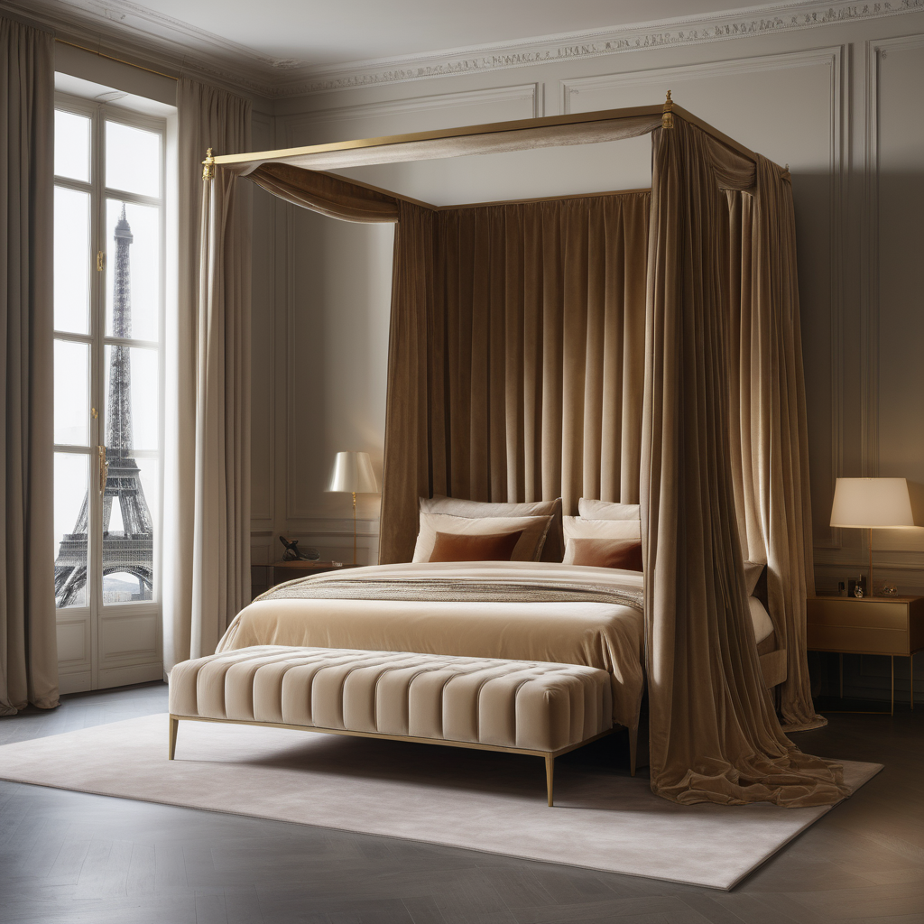 a hyperrealistic image of a velvet modern Parisian  king bed with canopy in oak , beige and brass 
