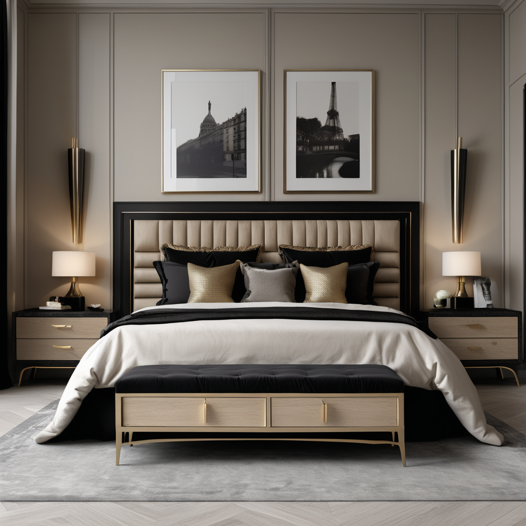 a hyperrealistic image of a modern Parisian King bedroom set
 in a beige oak brass and black colour palette