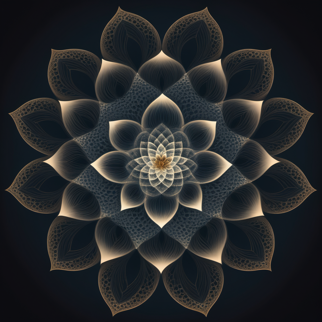 An elegant lotus flower created from recursive fractal patterns. Nested structures that are reminiscent of recursive functions in programming, suggesting the depth and tranquility of coding and meditation intertwined.