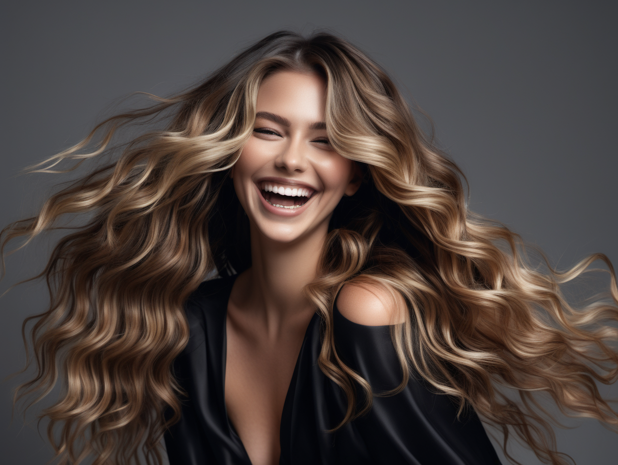photoshoot of a female model in long dimensional wavy balayage hair posing and laughing in black upscale attire