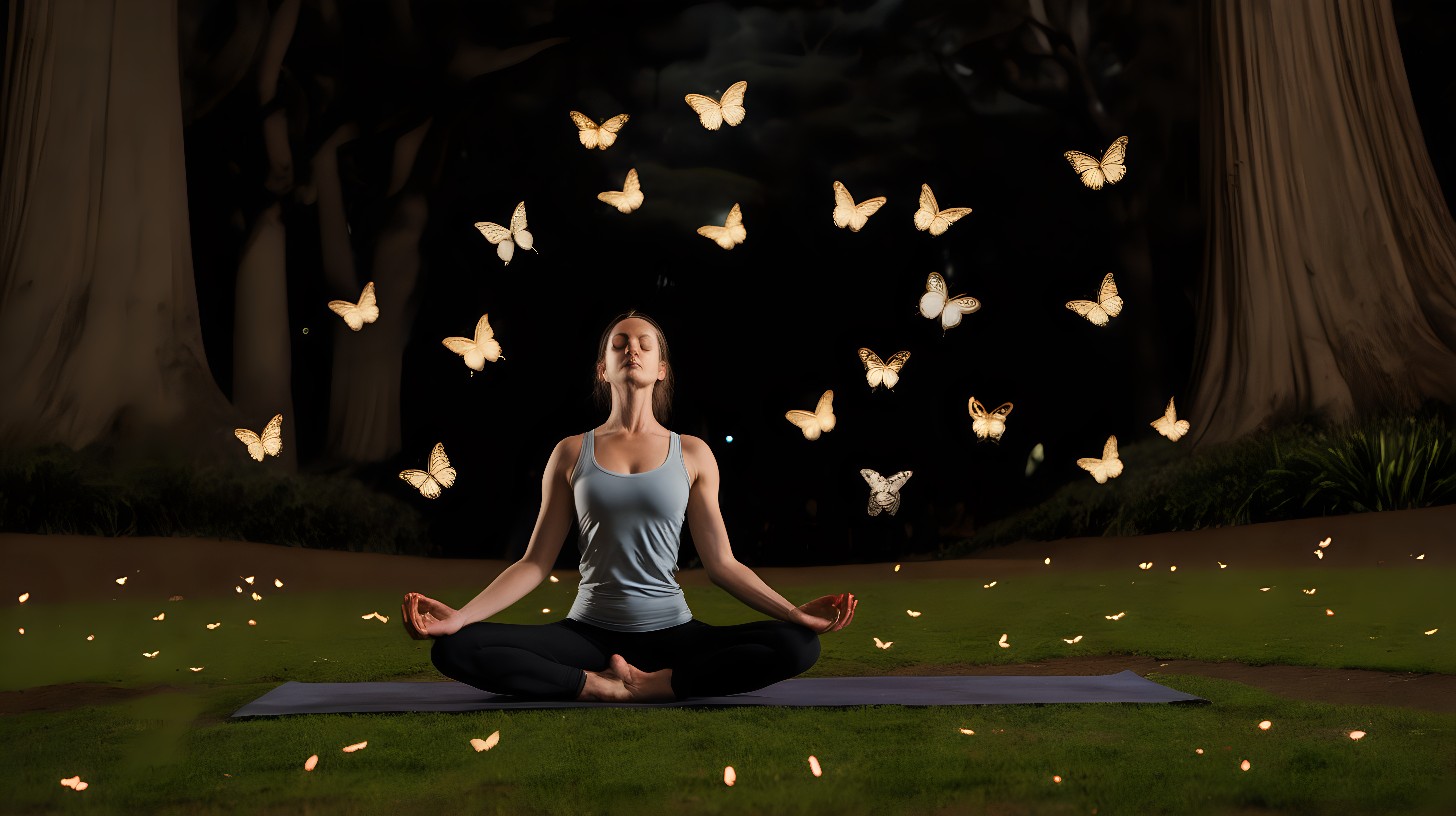 woman doing yoga at night in Golden Gate Park surrounded by butterflies