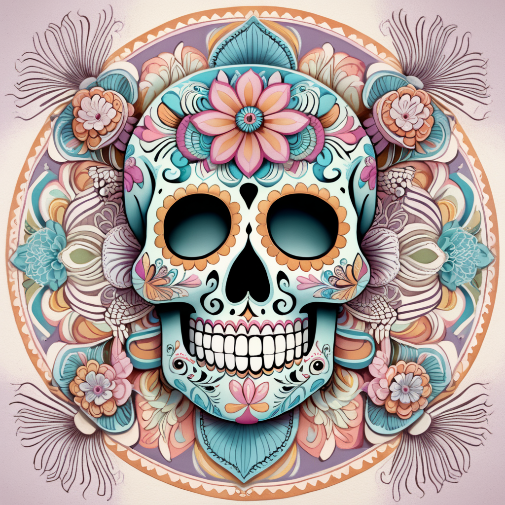 pastel colors, high details, symmetrical mandala, strong lines, day of the dead, candy skull