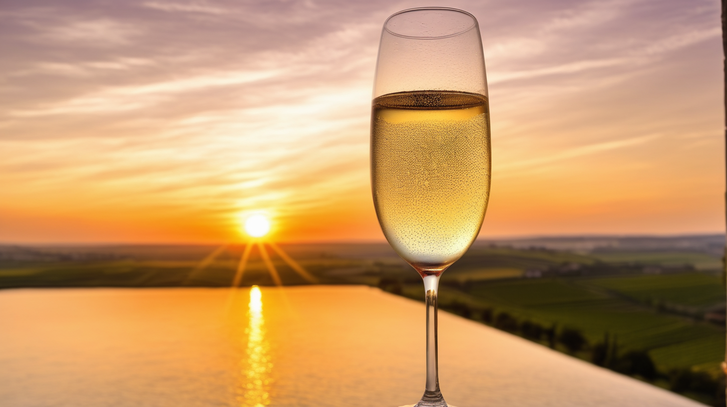 One glass of bubbly wine at sunset