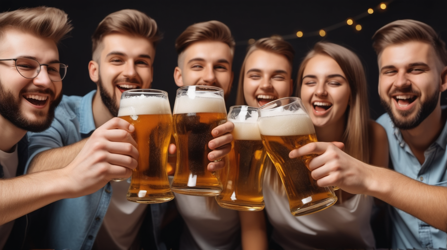 young people celebrating drinking beer out of glasses