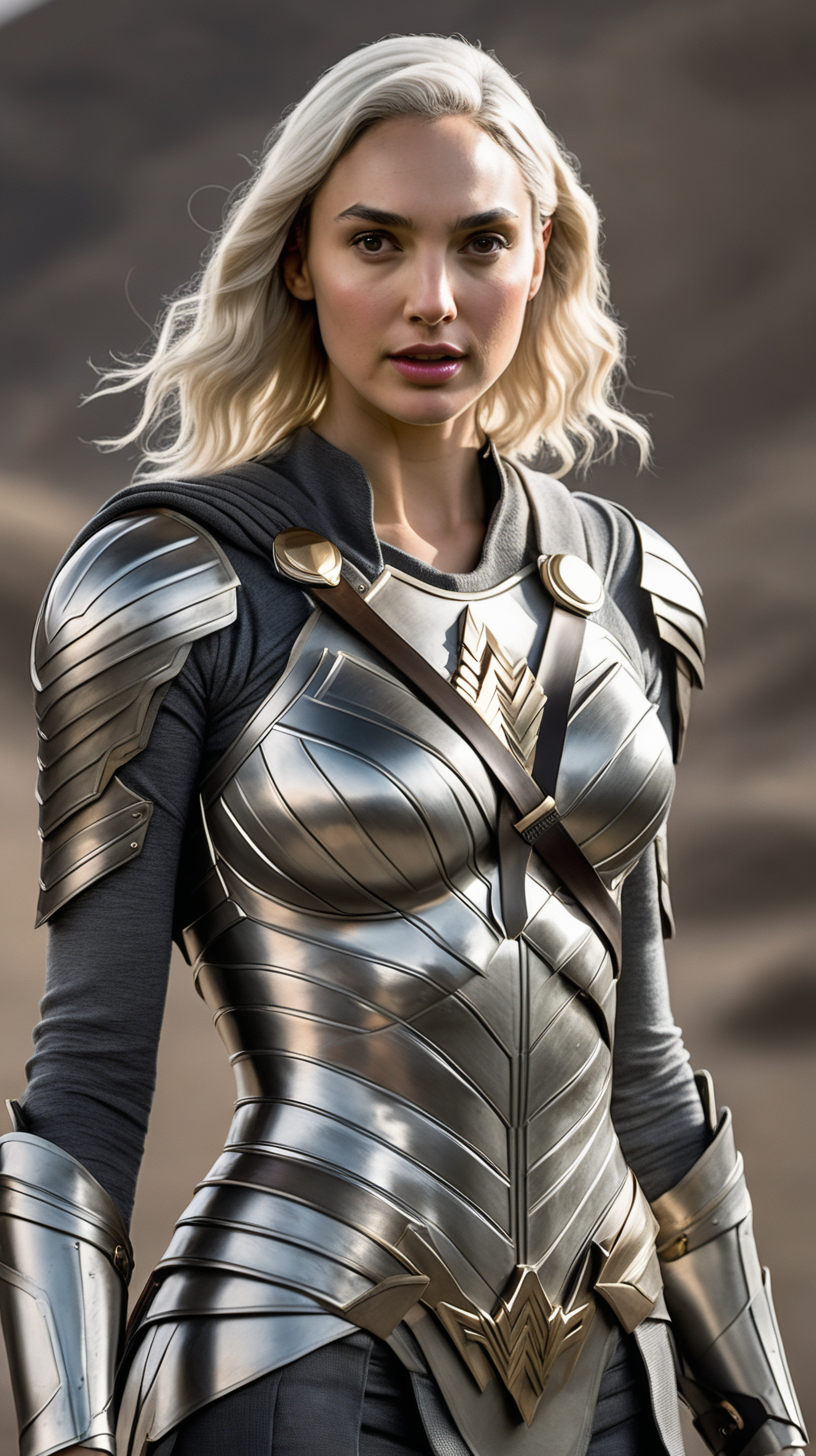 Gal Gadot, with waist-length white-blonde hair, wearing silver armor