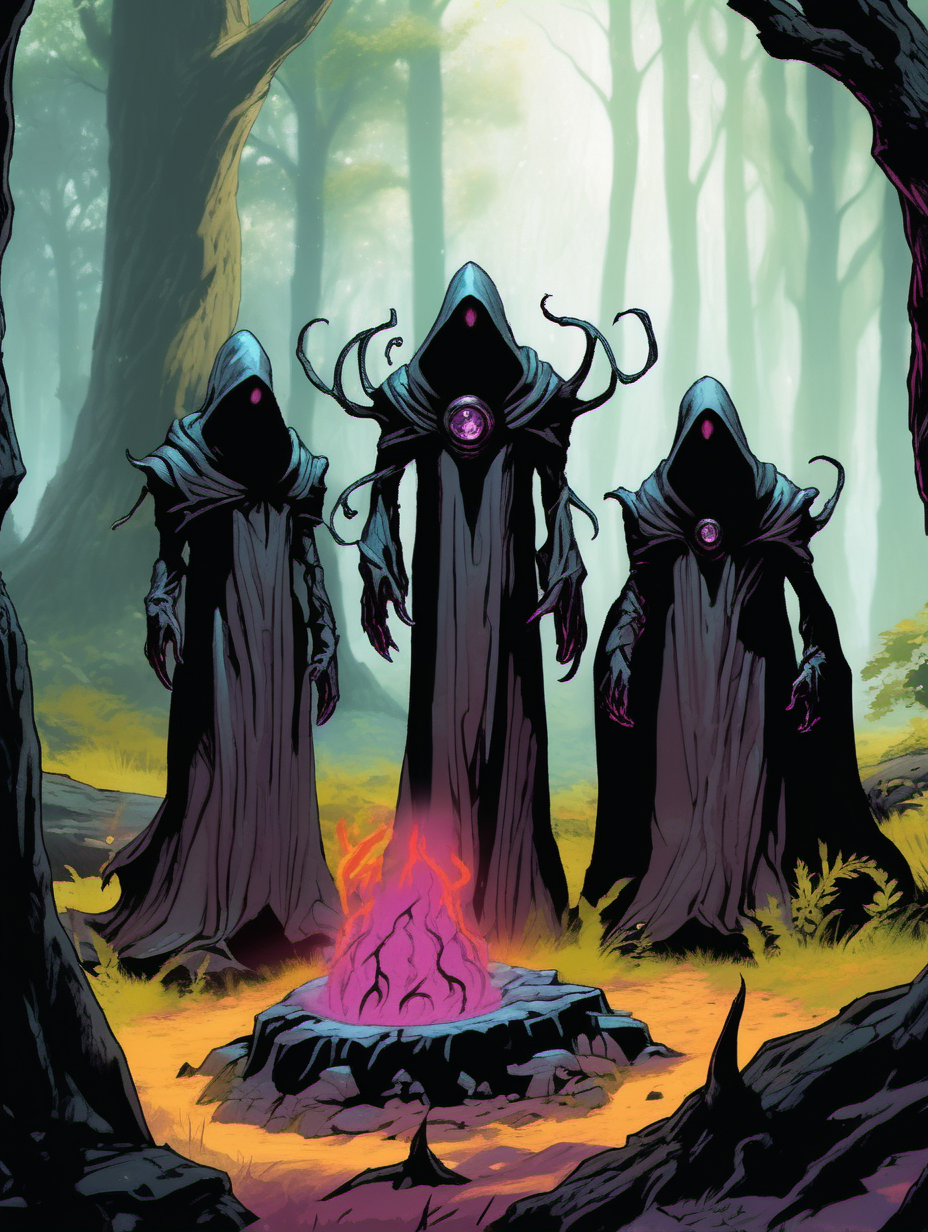 
Three uncloaked mind flayers, one holds a black rock, standing in a bright forest, daytime, a magic portal is in the distance, in the style of dungeons and dragons art