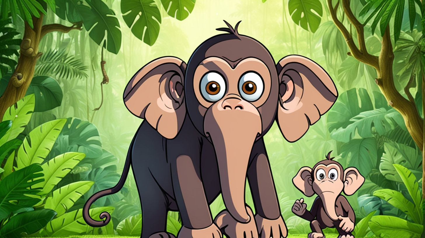 cartoon monkey and elephant worried in a green jungle