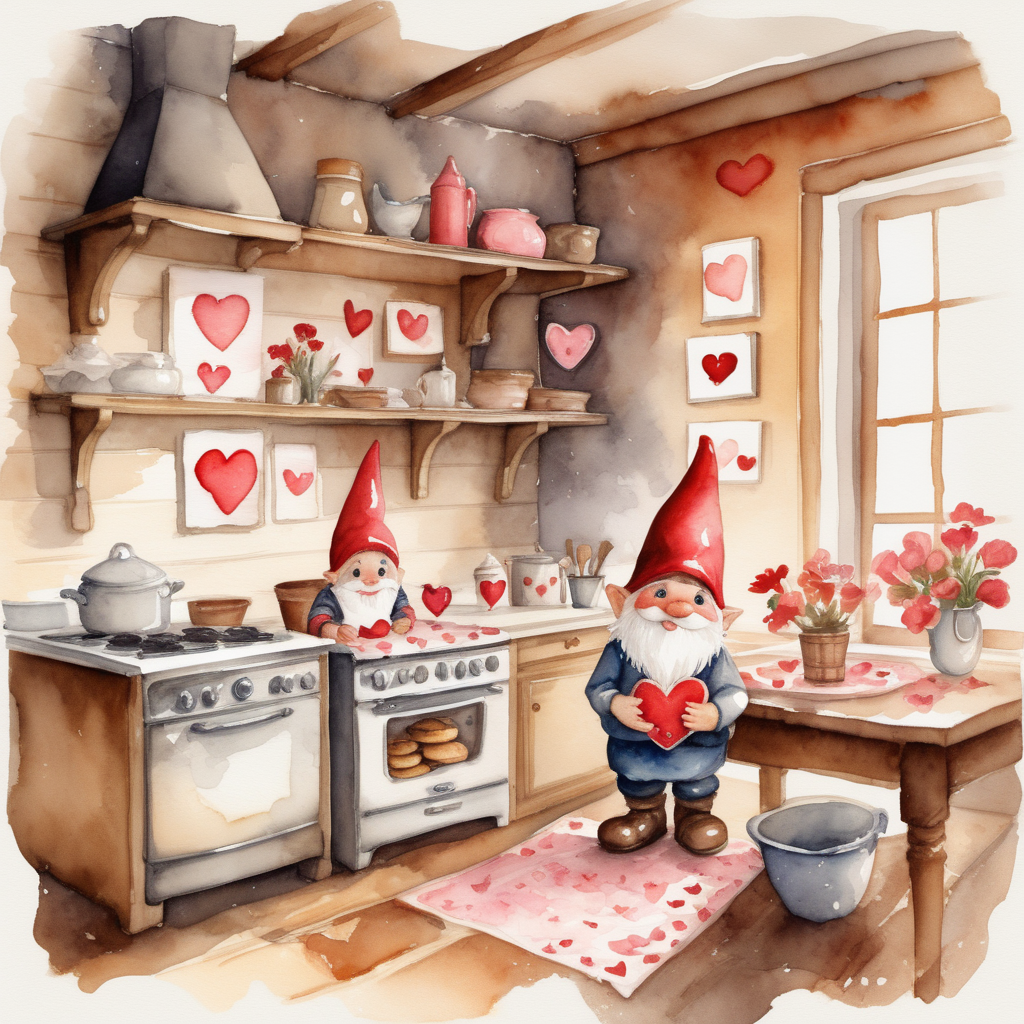 /envision prompt: In this watercolor painting, a valentine-themed gnome,  takes center stage. Placed in a cozy kitchen, the gnome lovingly bakes heart-shaped cookies, surrounded by vintage decor. The color temperature leans towards warm earth tones, creating a nostalgic ambiance. The gnome's expression reflects concentration and affection, bathed in the soft glow of a rustic hanging lamp. The overall atmosphere exudes a heartwarming charm, capturing the essence of love in simple domestic moments. --v 5 --stylize 1000