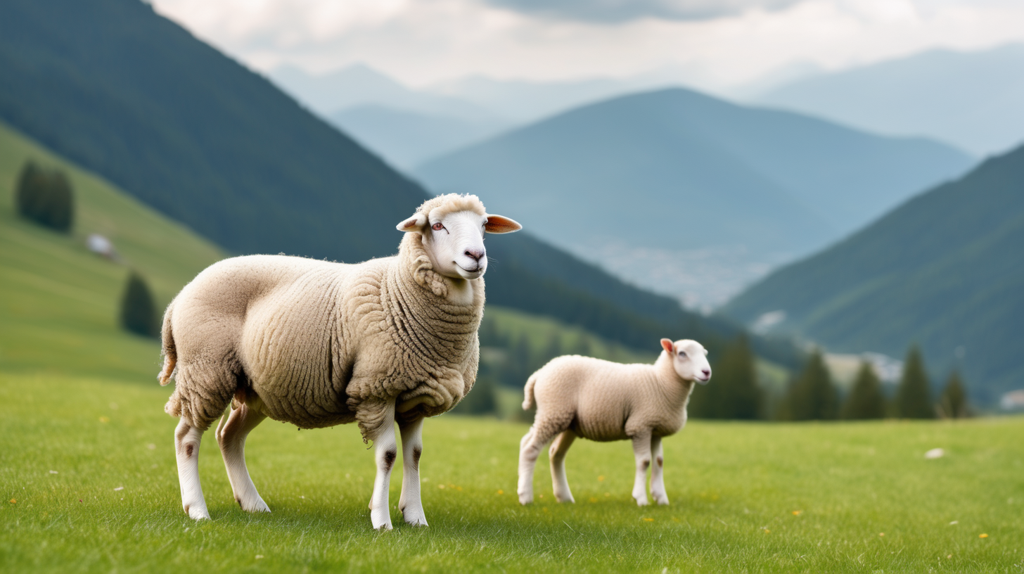 Sheep in meadow isolated on mountain background copy