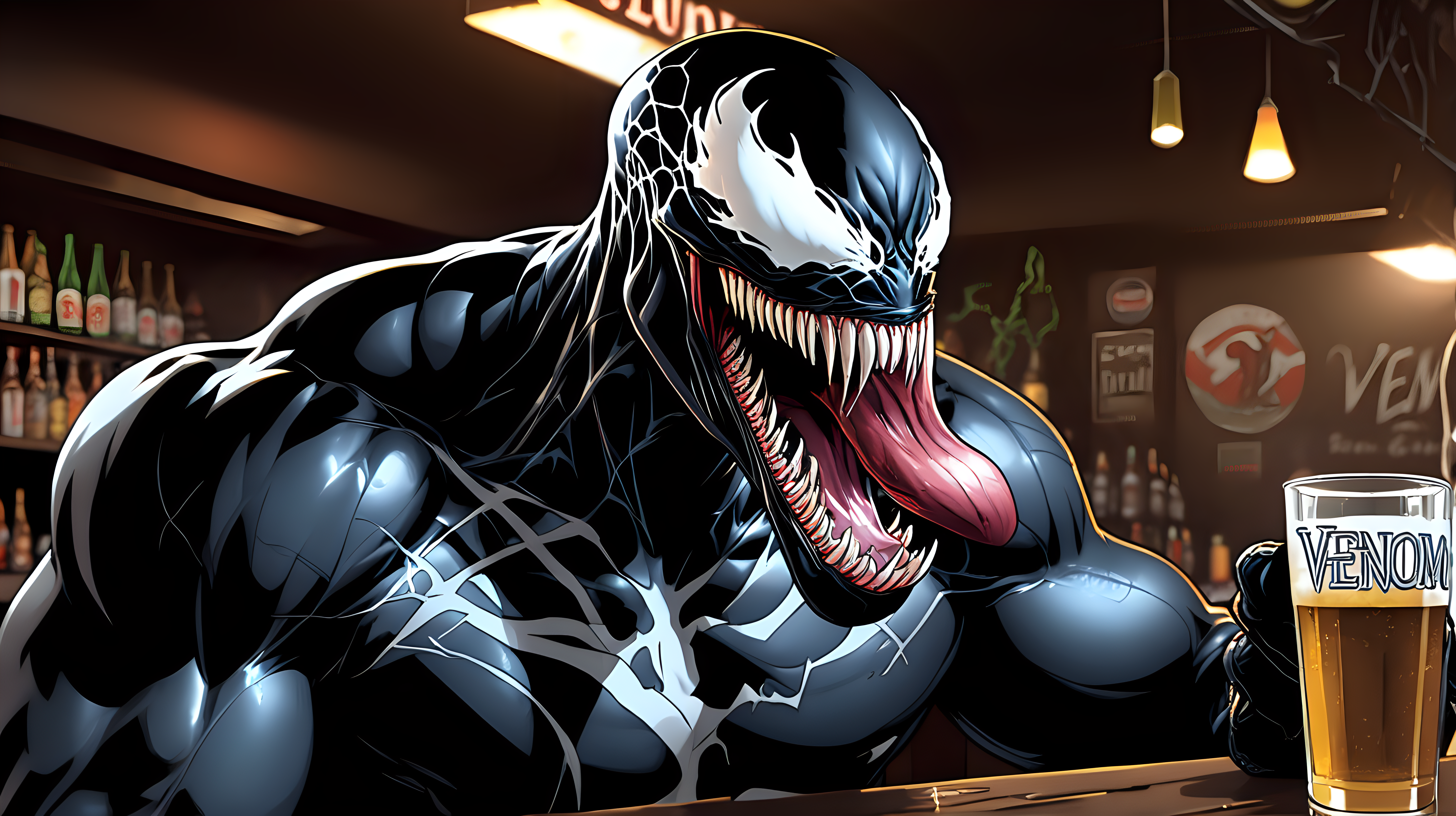 Venom drinking a beer at a bar