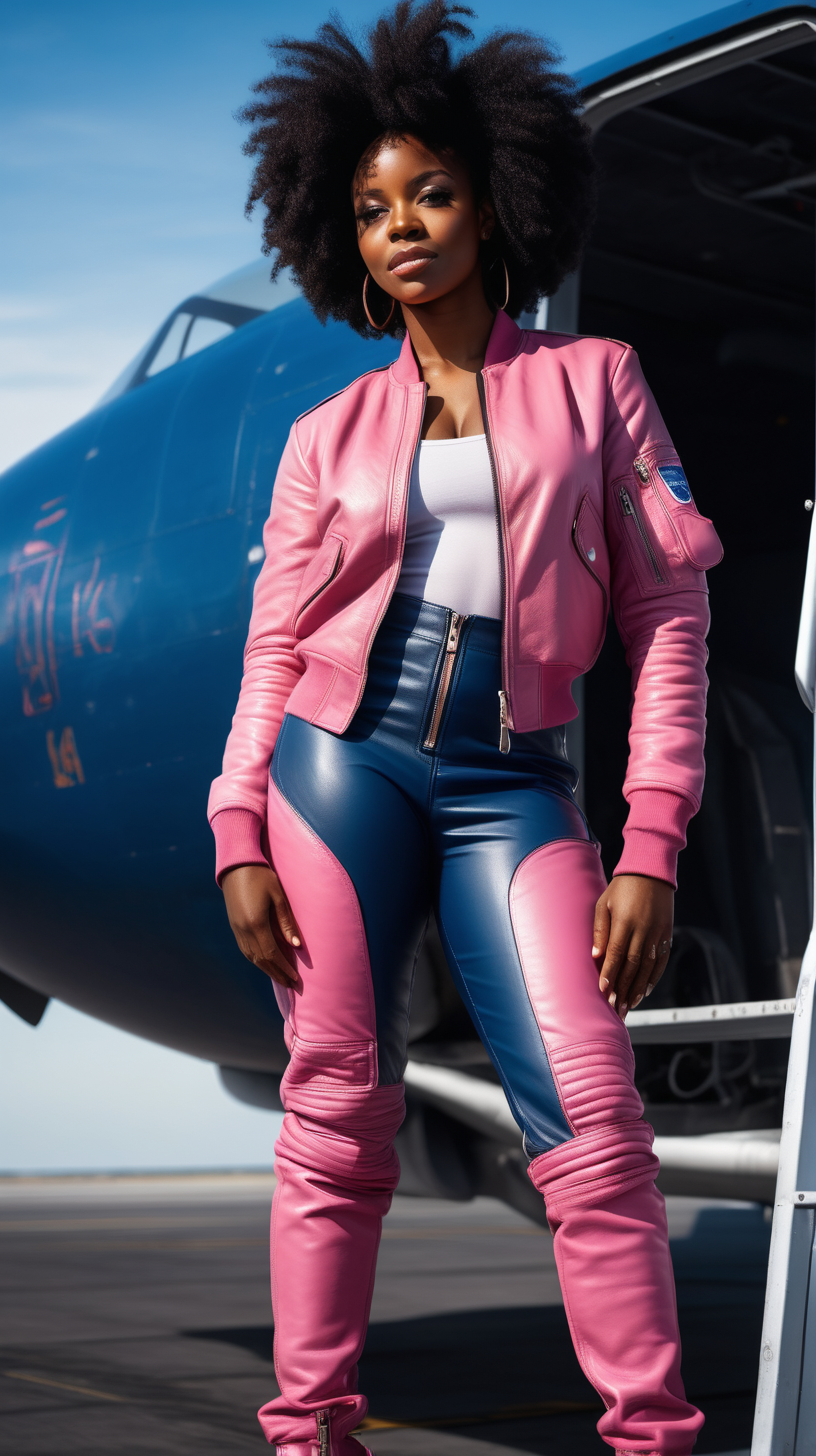 Beautiful Black woman, beautiful body, wearing a leather, full body, Blue, flight suit, wearing a pink, leather bomber, standing on an air carrier, 4k, high definition, high resolution