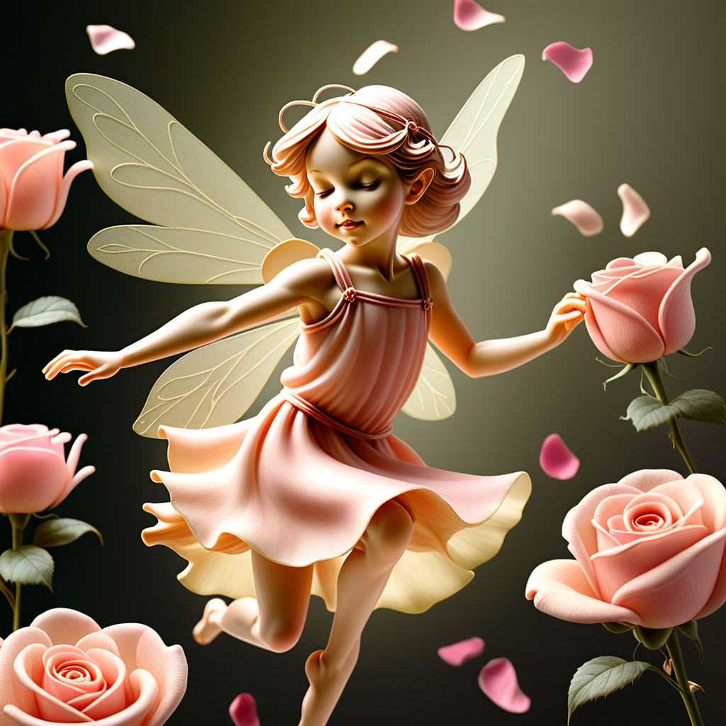 Create a flower fairy delicately pirouetting on rose petals, capturing the grace and charm reminiscent of Cicely Mary Barker's enchanting illustrations.
