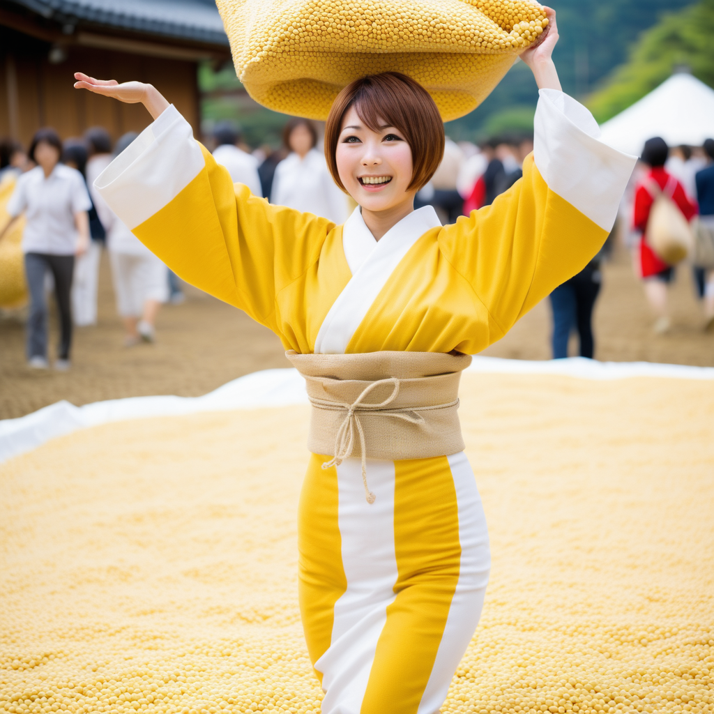 beautiful Japanese woman short hair skintight yellow and