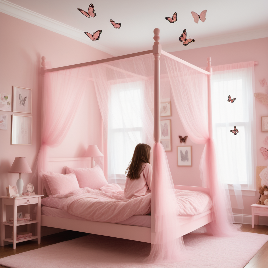 In a light pink bedroom One fourpost bed