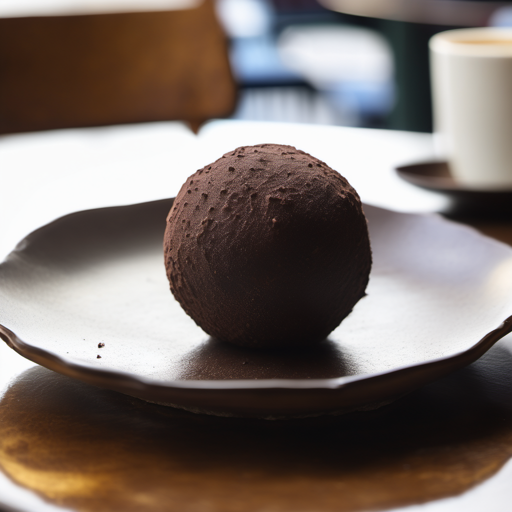 round dark chocolate hand rolled rough surfaced ball on over a plate on a table in a cafe